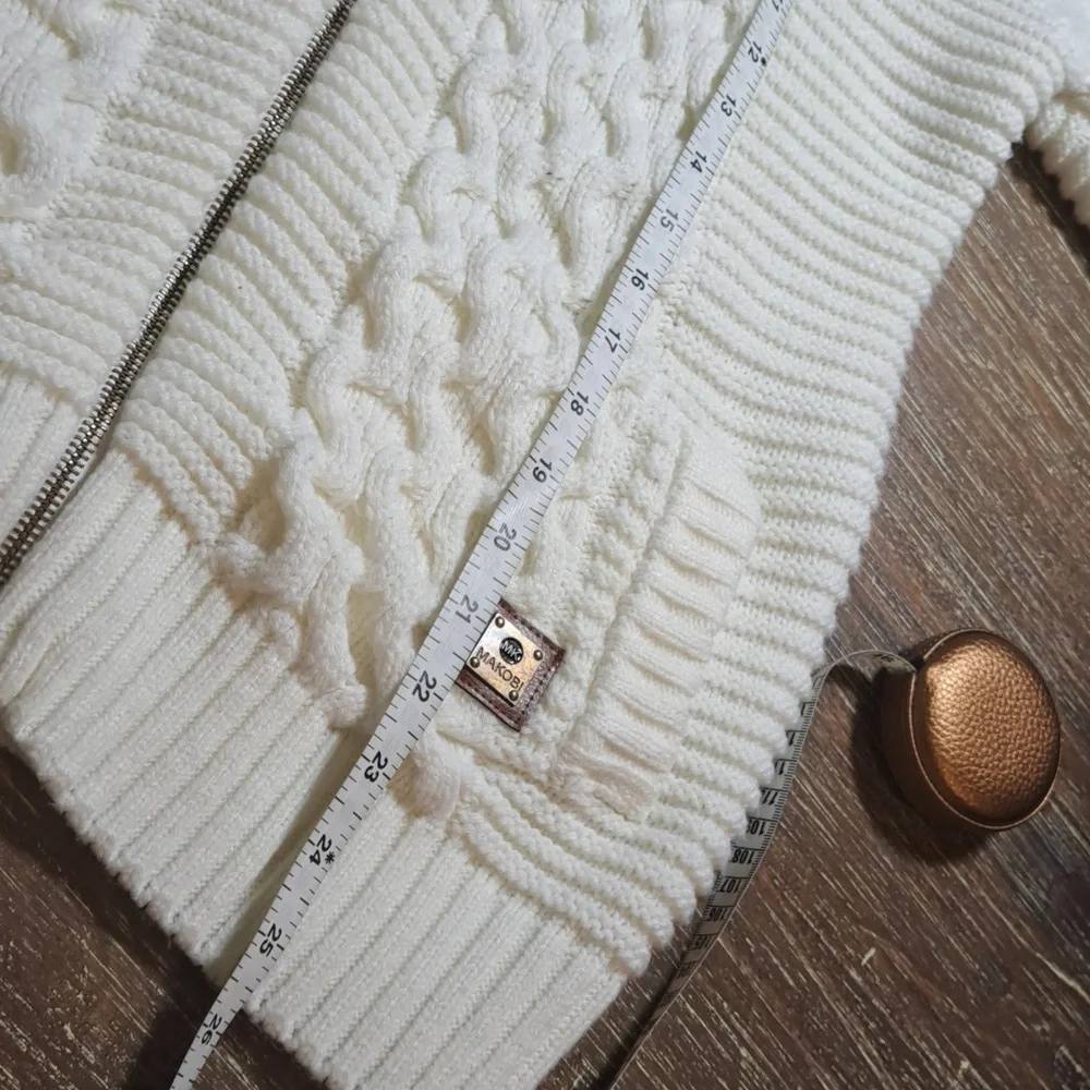 Makobi Men’s Streetwear Sweater Cable Knit Zip Cardigan Cream Hooded Pockets XL - Picture 13 of 15